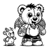A teddy bear gargoyle and his little pig gargoyle friend. The bear is wearing jeans and has a black tuft of hair and wings.
