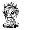 Darkling cow with skull tattoos, flowers and feathers in her hair.