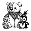Teddy bear with a bandana and tattoos and his penguin friend with a feather hat.