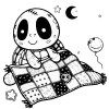 Black and white illustration of a turtle with deep set, tired looking eyes holding a patchwork quilt. He has a little scar on his head and there is a goofy smily face balloon hovering on the ground nearby.
