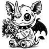 Rhino Gargoyle holding a bouquet of flowers that have little skulls on them and he has some bandages and little heart tattoos on his feet.